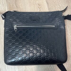 Gucci Embossed Black Leather Messenger Bag